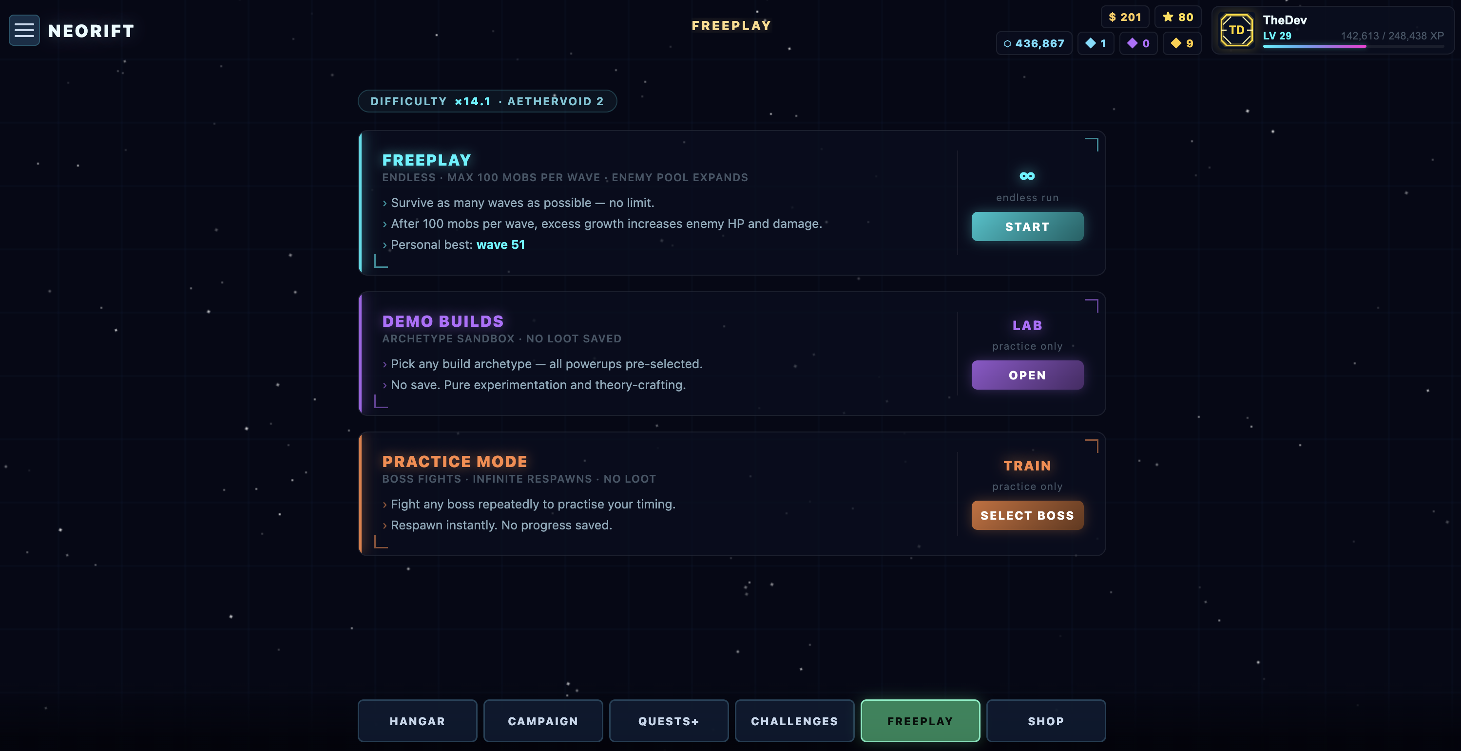 Neorift freeplay page with endless run, demo builds, and practice mode options